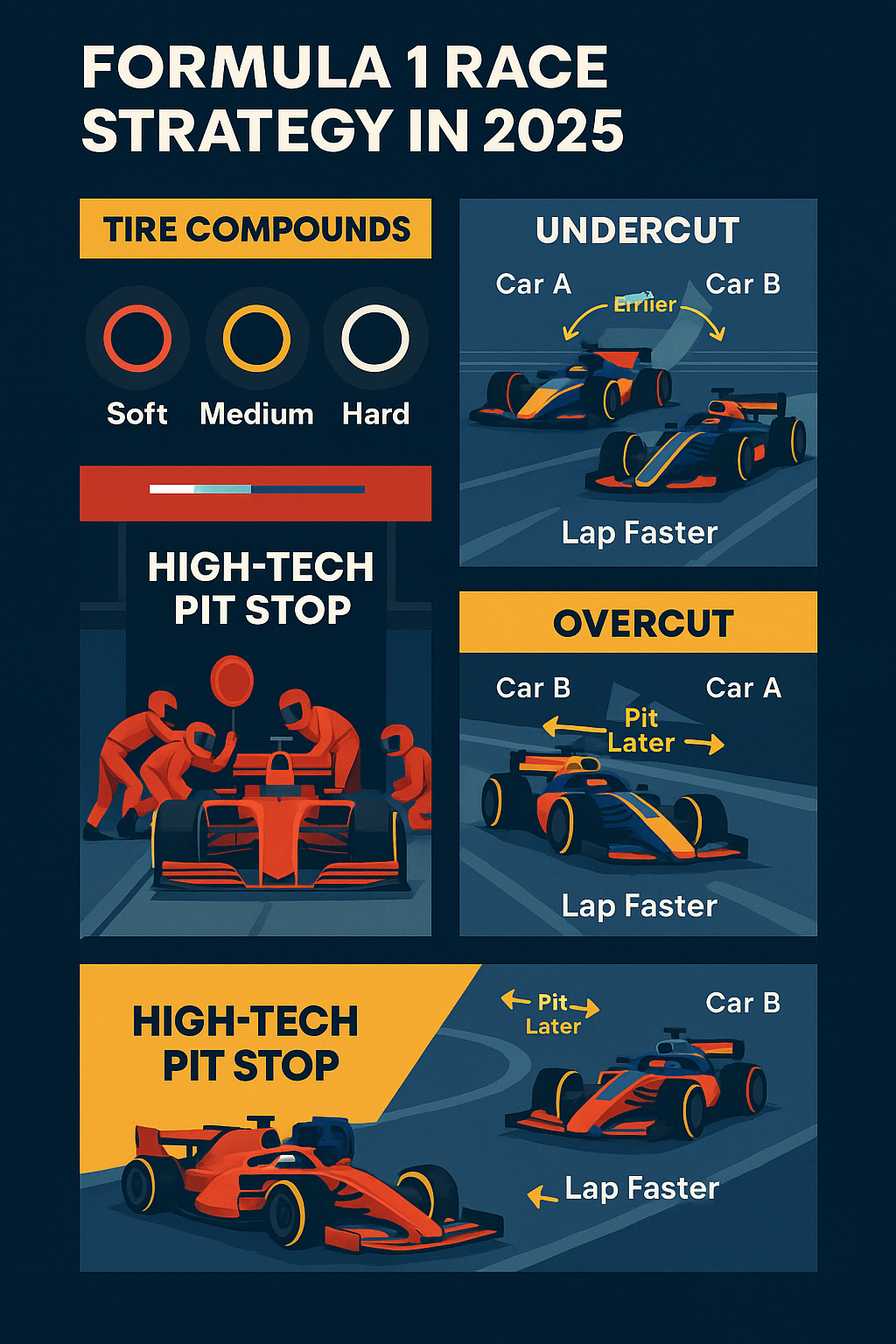 Discover how F1 race strategies work in 2025 — from tire compounds to undercuts and safety cars. A detailed guide for new and seasoned fans.